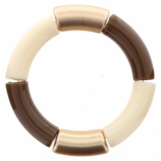 Chunky Brown, Ivory, and Gold Colorblock Resin Stretch Bangle Bracelet