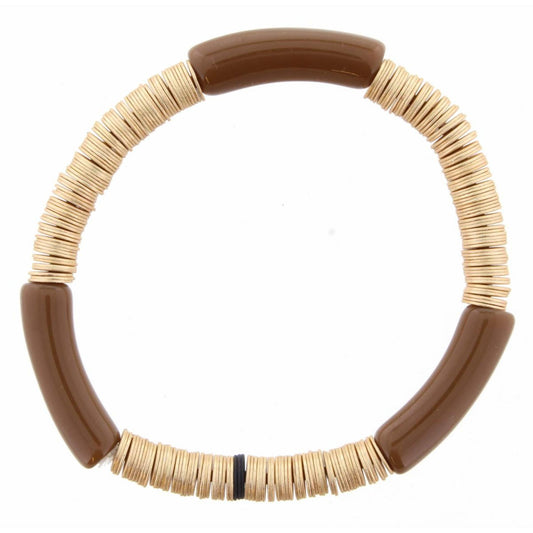 Skinny Brown Resin and Gold Sequin Stretch Bangle Bracelet