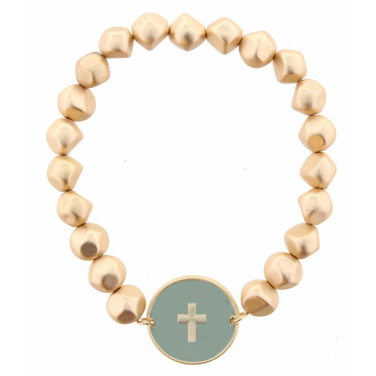Dusty Blue Epoxy with Gold Cross on Circle Stretch Beaded Bracelet