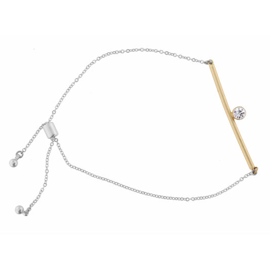 Long Bar with Clear Crystal Circle Drop on Silver Chain Bracelet