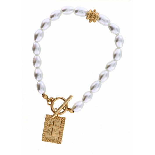Raised Edge Rectangle with Cross on Pearl Bracelet