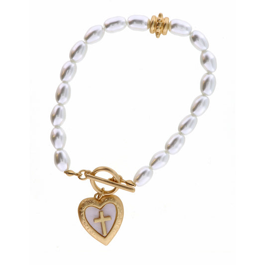 Heart Encased in Gold with Cross on Pearl Bracelet