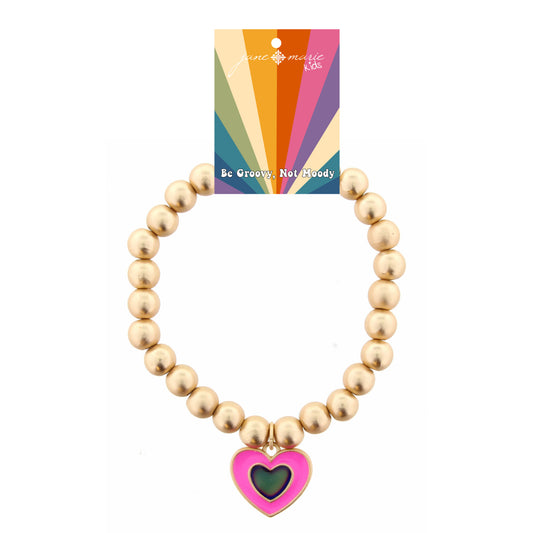 Kids Gold Beaded Stretch with Pink Heart with Mood Changing Center Bracelet