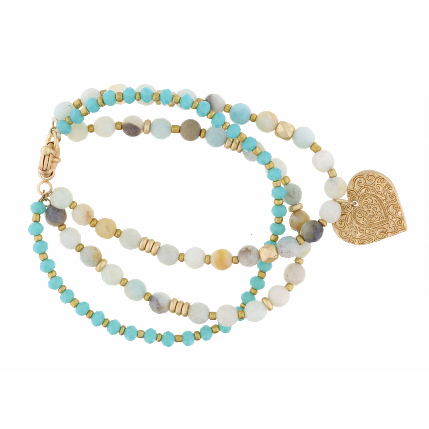 Set of 3, Teal & Amazonite Beads with Gold Textured Heart Bracelet