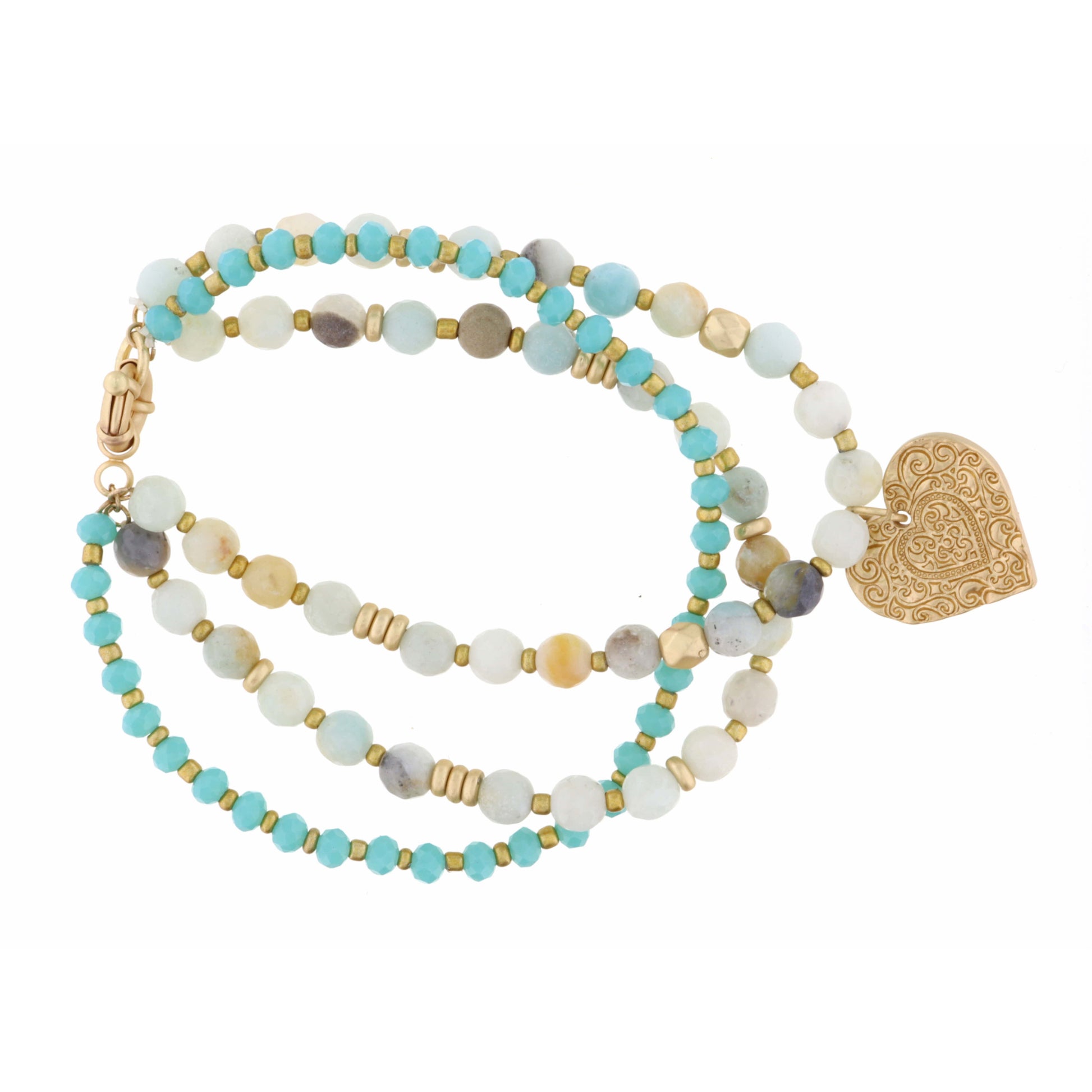 Set of 3, Teal & Amazonite Beads with Gold Textured Heart Bracelet