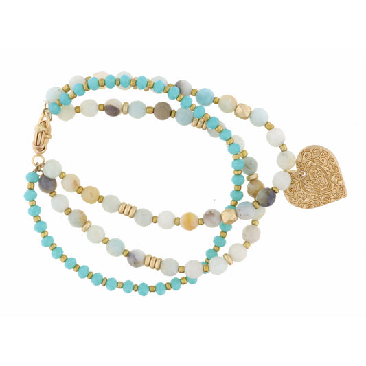 Set of 3, Teal & Amazonite Beads with Gold Textured Heart Bracelet