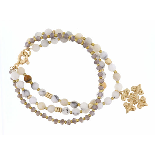 Set of 3, Greige & Cream Agate Beads with Gold Quatrefoil Bracelet
