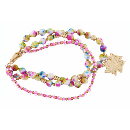 Set of 3, Light Pink & Candy Jade Beads with Gold Square Cross Bracelet