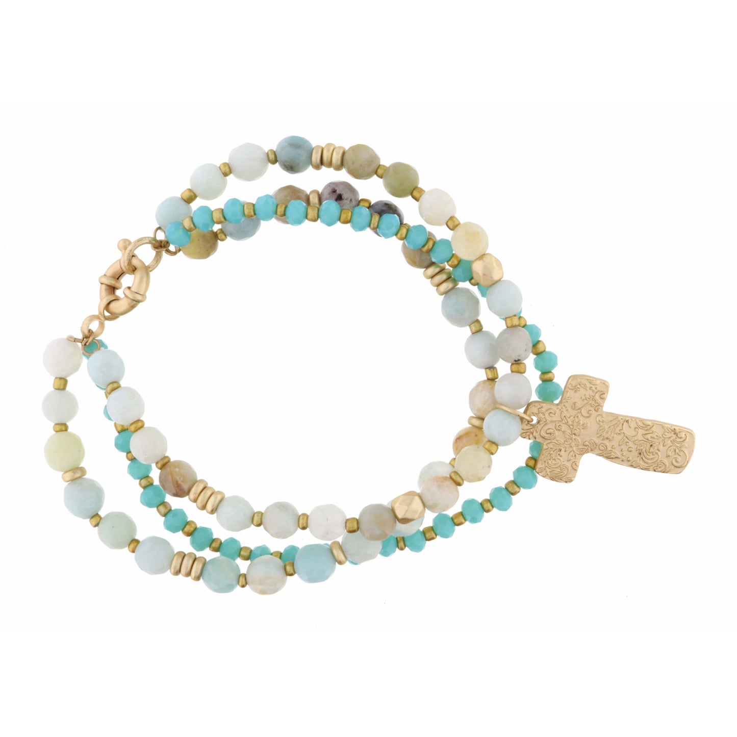 Set of 3, Teal & Amazonite Beads with Gold Textured Cross Bracelet