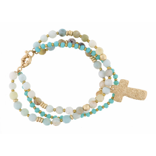 Set of 3, Teal & Amazonite Beads with Gold Textured Cross Bracelet