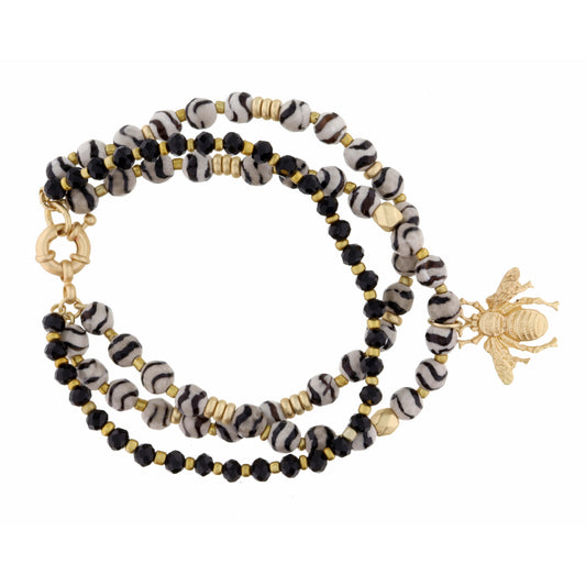 Set of 3, Jet & Zebra Beads with Gold Bee Bracelet