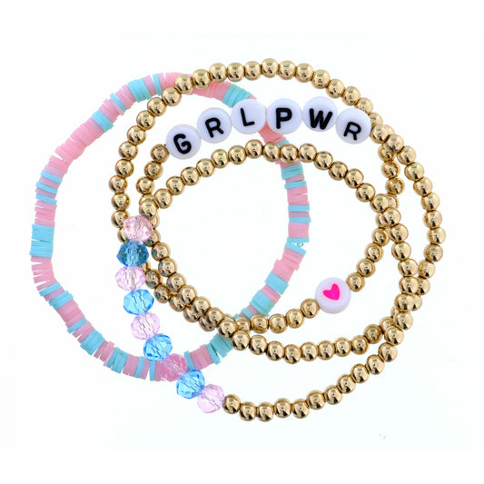 Kids Set of 4, Gold, Light Pink, Mint Beaded with "GRLPWR" Bracelet