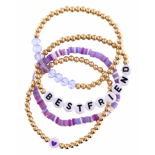 Kids Set of 4, Gold, Purple, White Beaded with "Best Friend" Bracelet