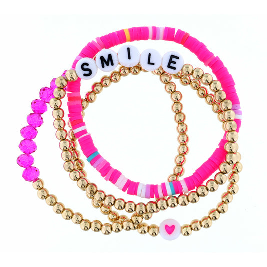 Kids Set of 4, Gold, Hot Pink, White, Purple Beaded with "Smile" Bracelet