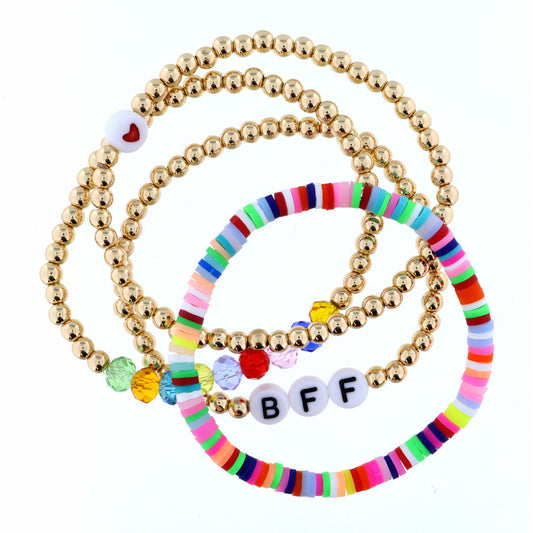 Kids Set of 4, Gold, Multi Beaded with "BFF" Bracelet