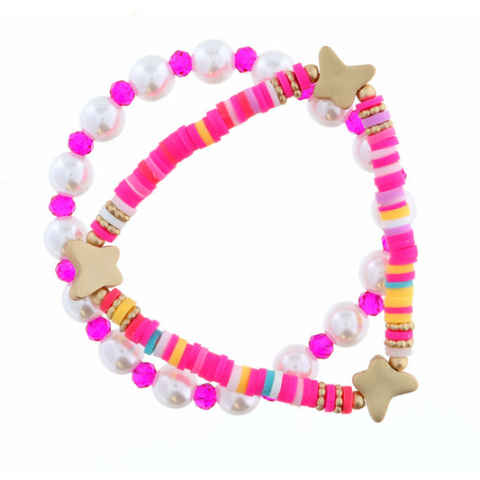 Kids Set of 2, Pearl, Pink with Multi Rubber Disk with Butterflies Bracelet