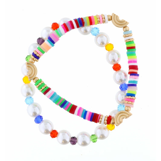 Kids Set of 2, Pearl, Multi Rubber Disk with Rainbows Bracelet