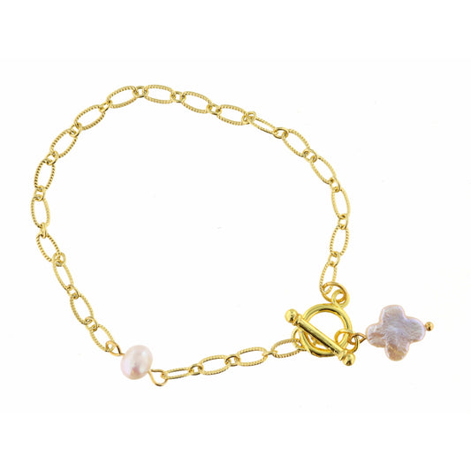 Pearl Clover with Toggle on Gold Chain with Faceted Pearl Bracelet