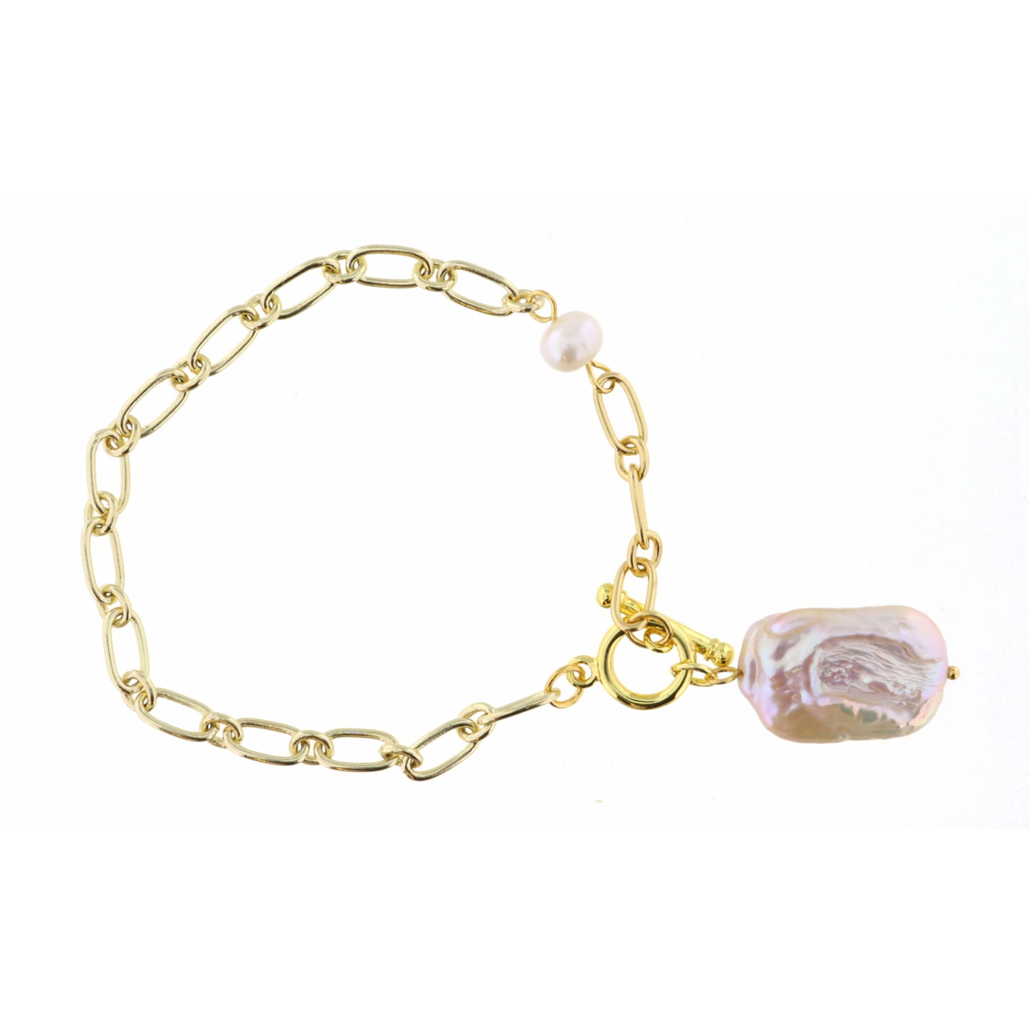 Pearl Rectangle with Toggle on Gold Chain with Faceted Pearl Bracelet