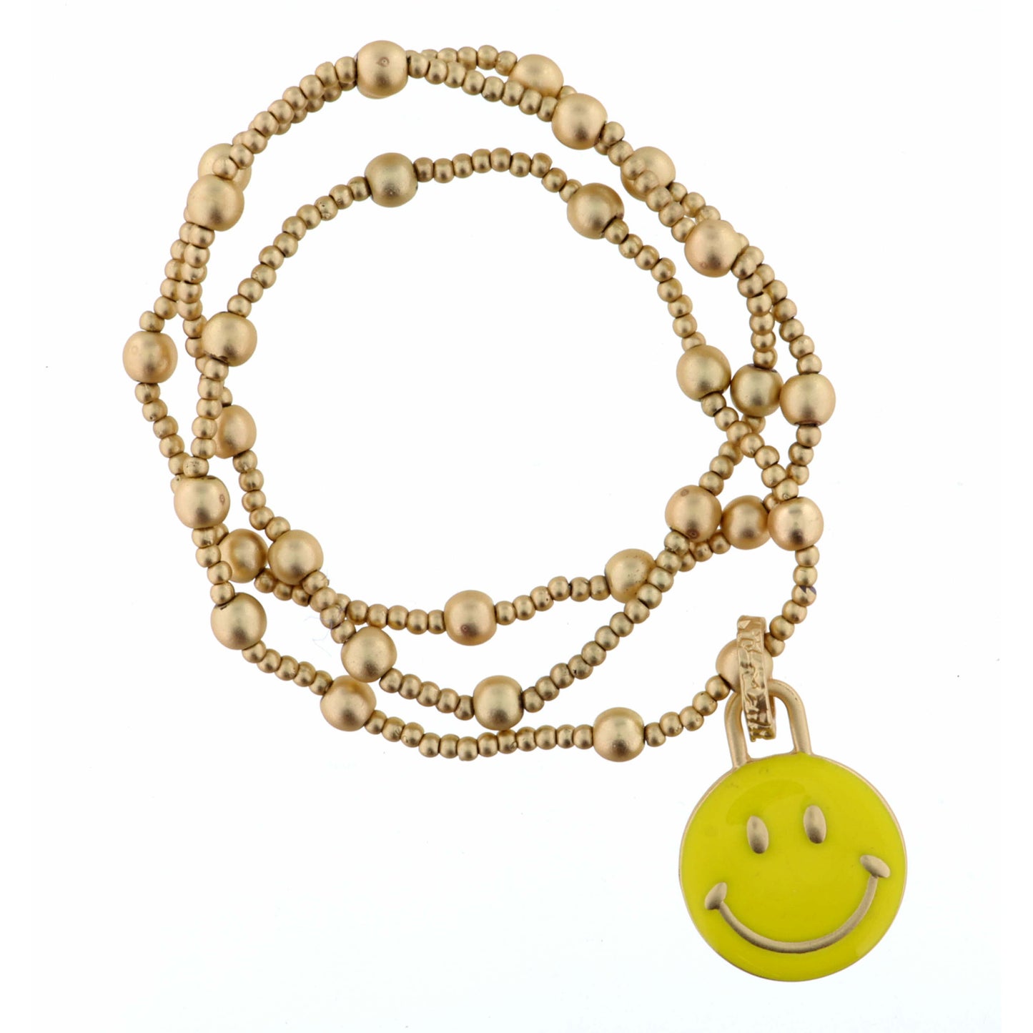 Kids Set of 3 Gold Beaded Stretch with Yellow Smiley Face Bracelet