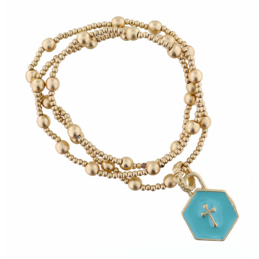 Kids Set of 3, Gold Beaded Stretch, Mint Hexagon with Cross Center Bracelet