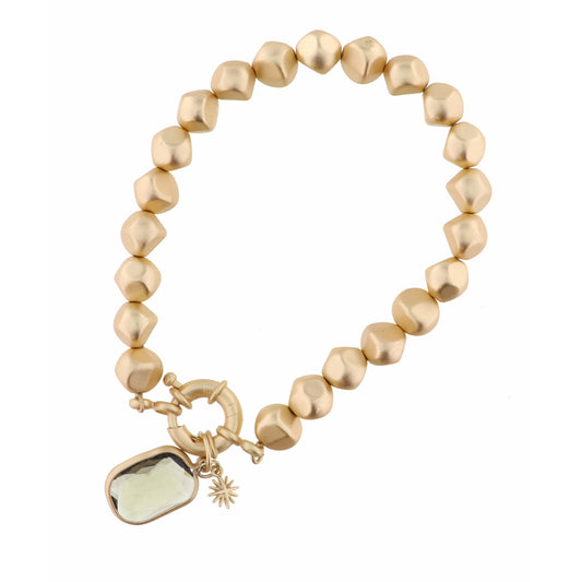 Bronze Rounded Rectangle with Star Charm on Gold Beaded Strand Bracelet