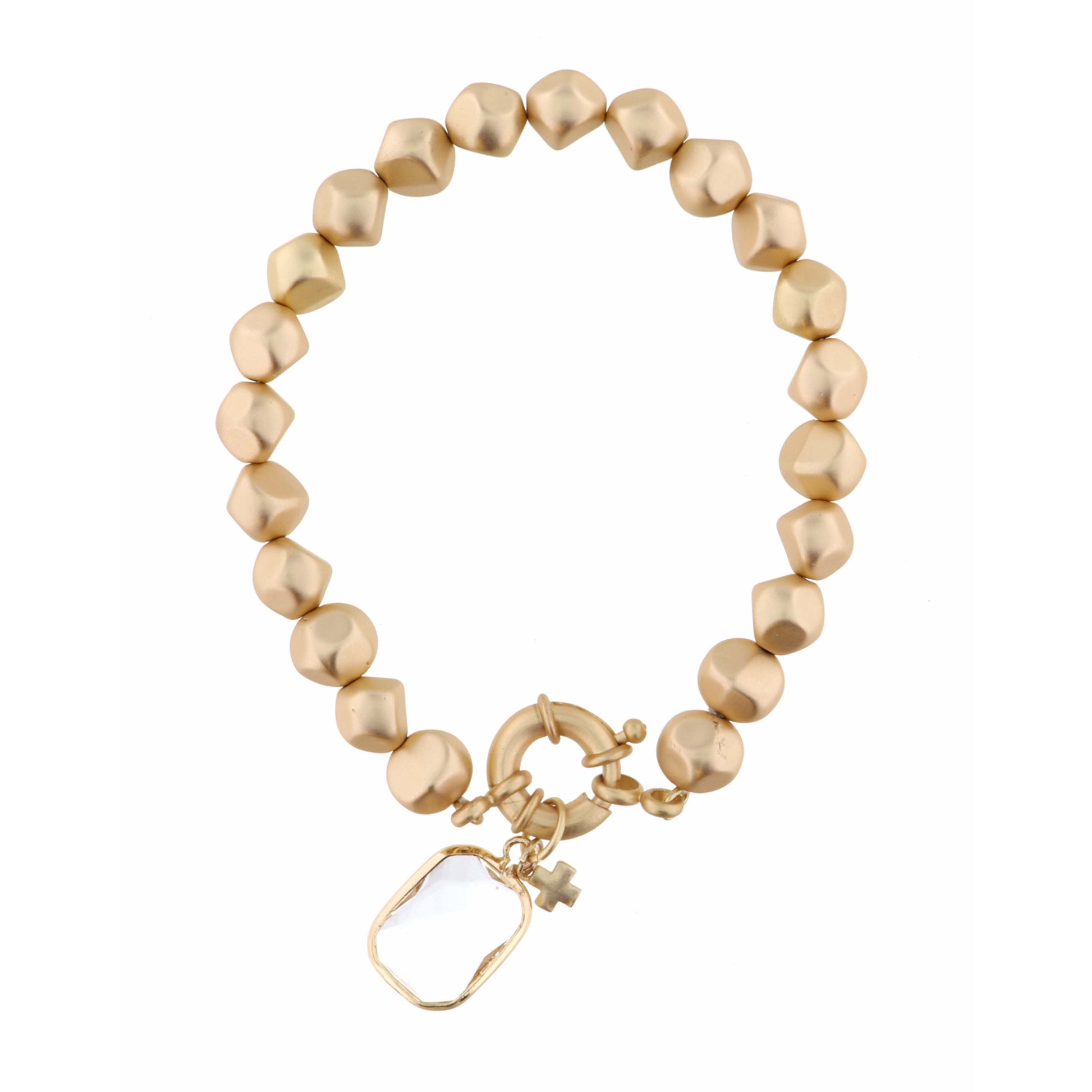 Clear Rounded Rectangle with Cross Charm on Gold Beaded Strand Bracelet