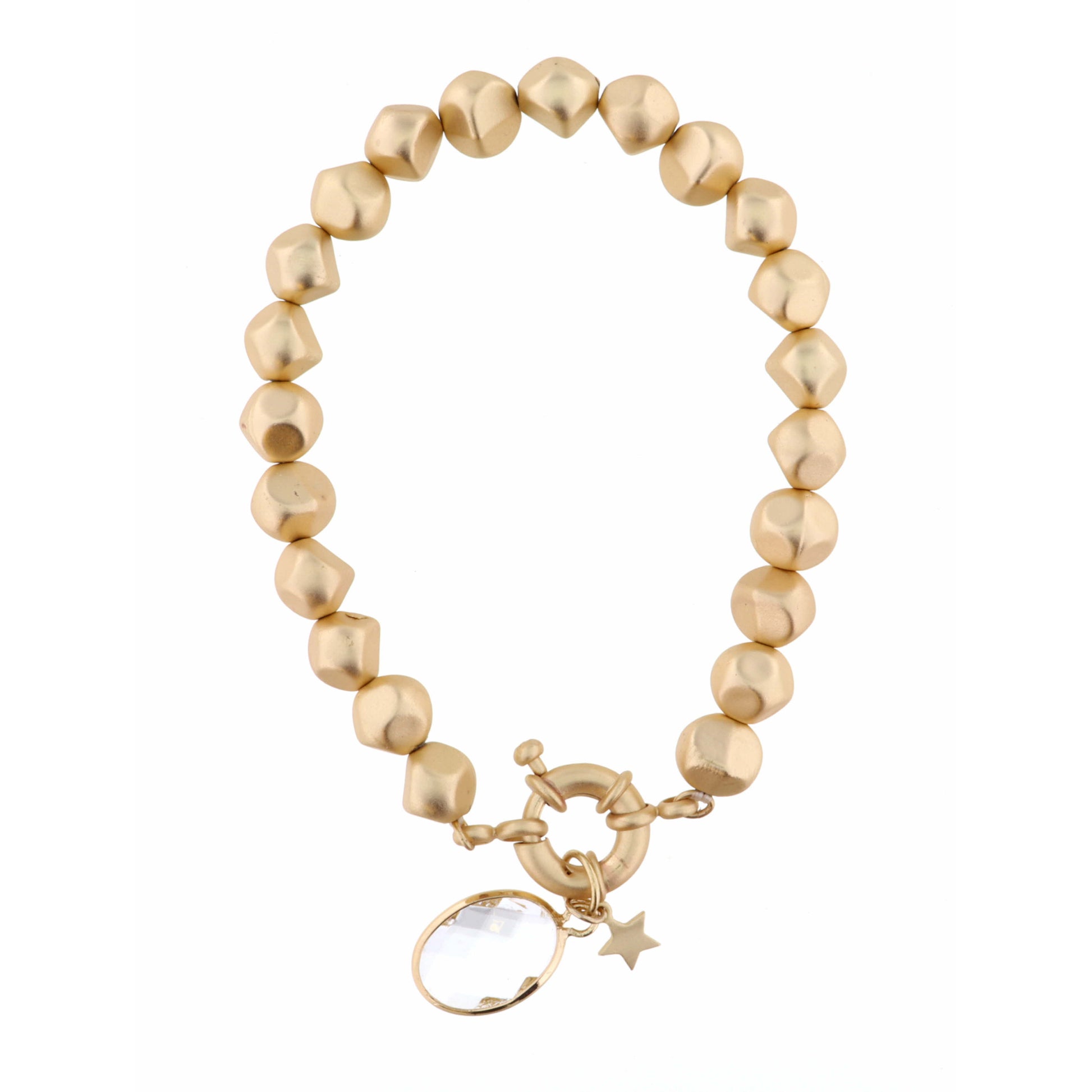 Clear Oval with Star Charm on Gold Beaded Strand Bracelet