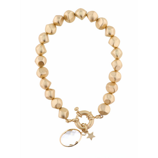 Clear Oval with Star Charm on Gold Beaded Strand Bracelet