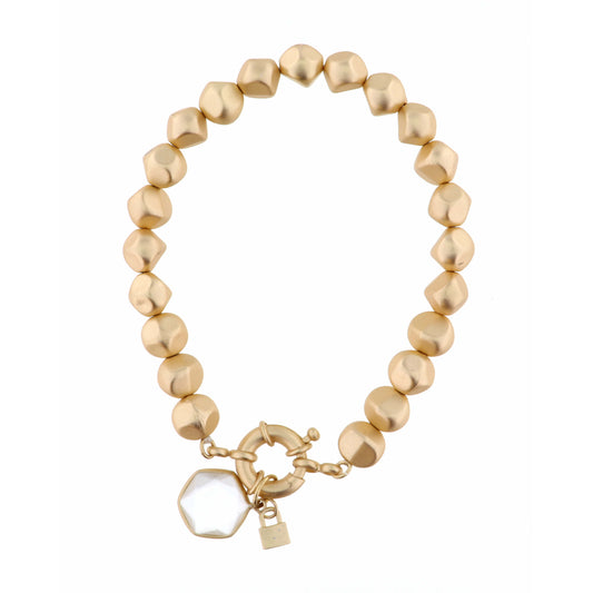 Clear Hexagon with Padlock Charm on Gold Beaded Strand Bracelet
