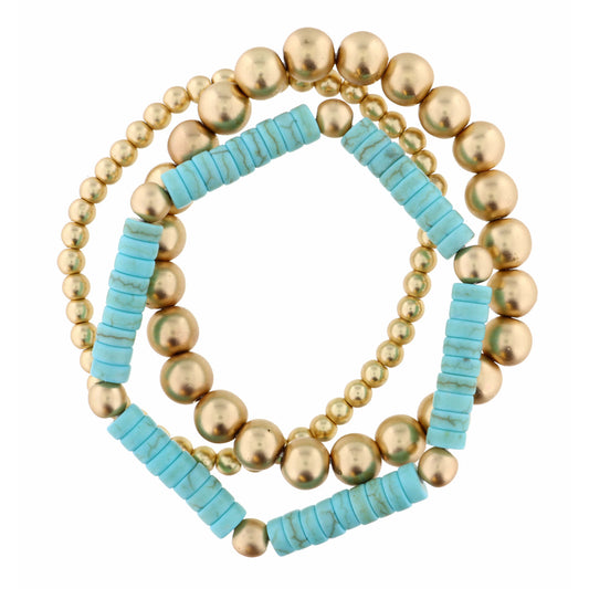 Set of 3, Turquoise & Matte Gold Beads Bracelet
