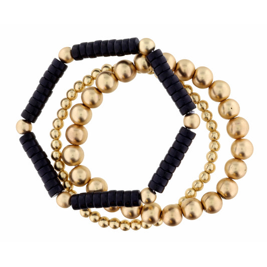 Set of 3, Jet & Matte Gold Beads Bracelet