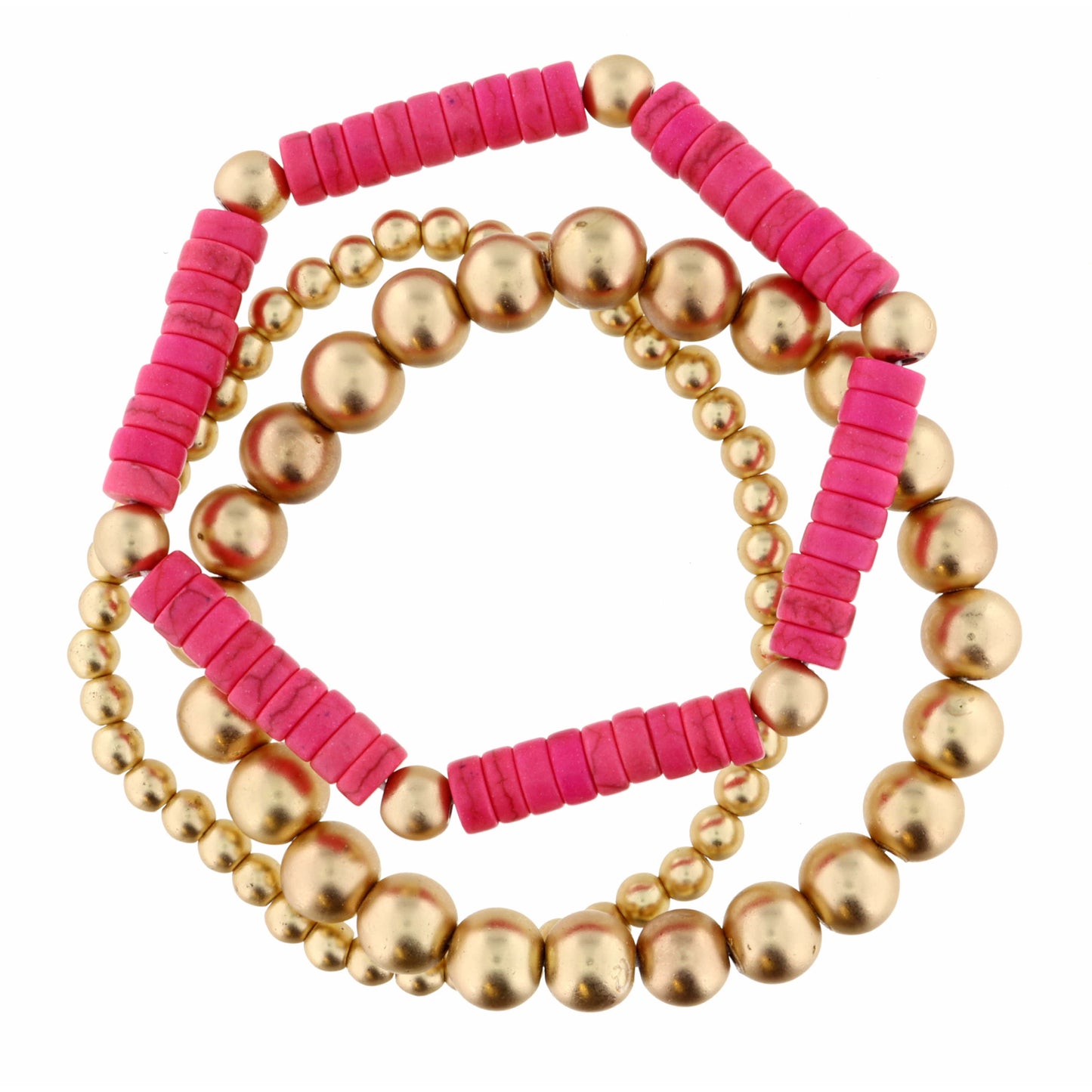 Set of 3, Hot Pink & Matte Gold Beads Bracelet