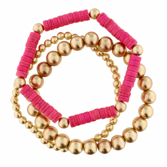 Set of 3, Hot Pink & Matte Gold Beads Bracelet