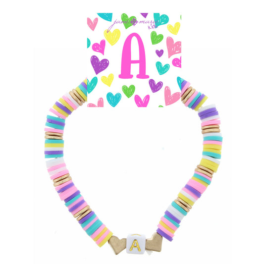 Kids Multi Rubber Disk Beaded Stretch with White Block "A" Initial Bracelet