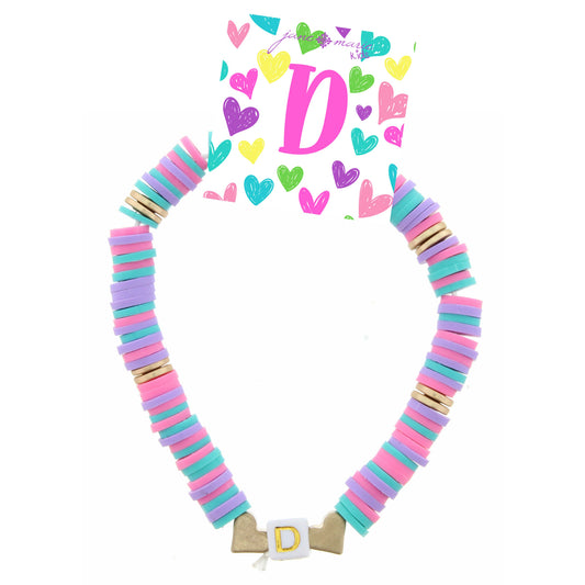 Kids Multi Rubber Disk Beaded Stretch with White Block "D" Initial Bracelet