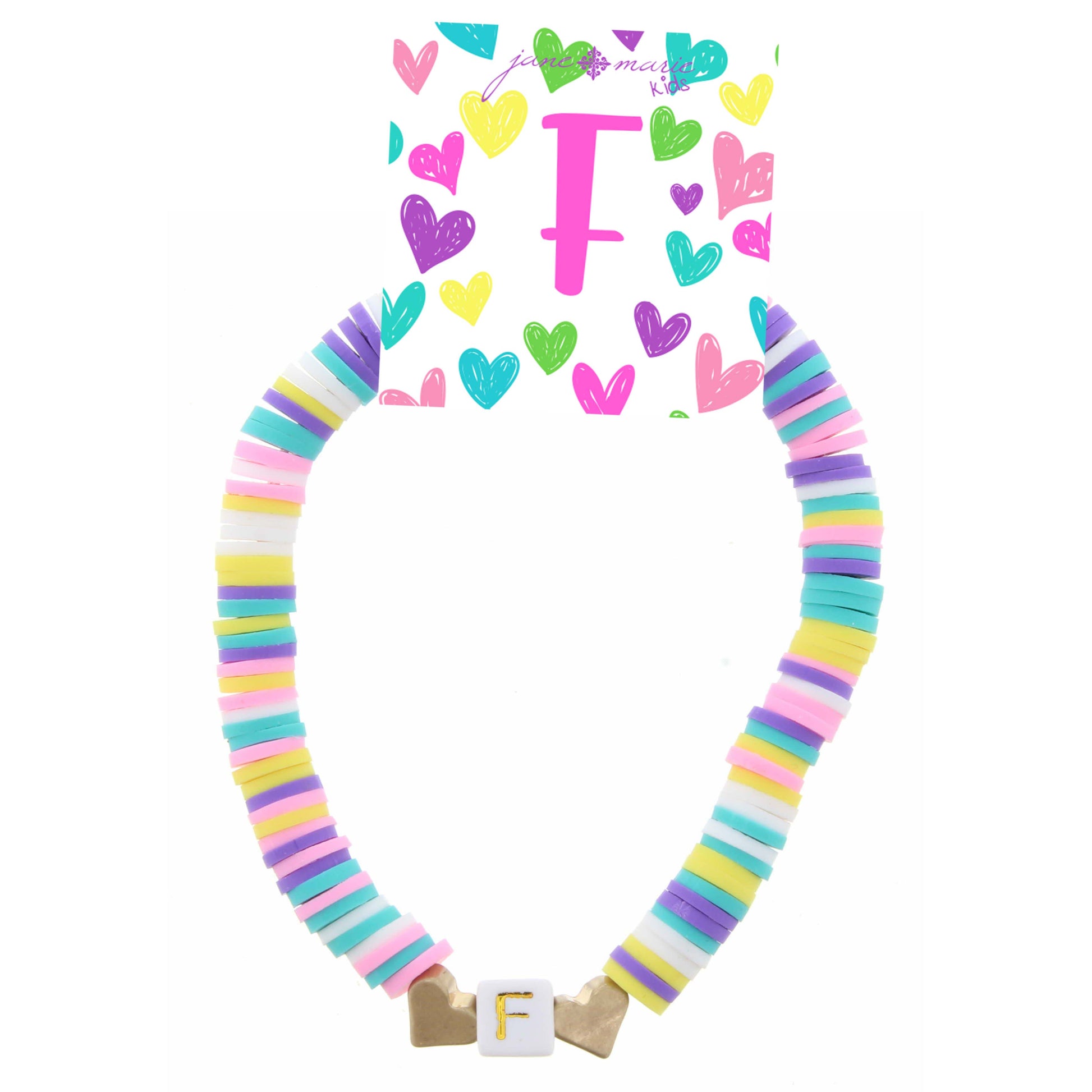 Kids Multi Rubber Disk Beaded Stretch with White Block "F" Initial Bracelet