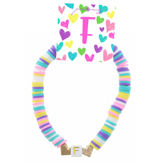 Kids Multi Rubber Disk Beaded Stretch with White Block "F" Initial Bracelet