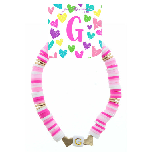 Kids Multi Rubber Disk Beaded Stretch with White Block "G" Initial Bracelet