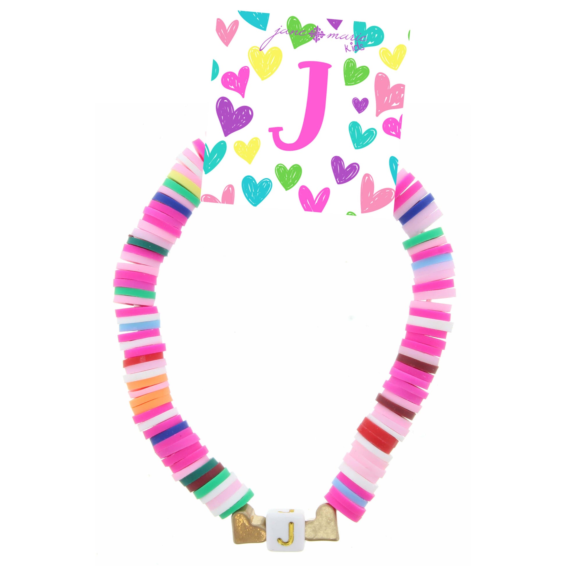 Kids Multi Rubber Disk Beaded Stretch with White Block "J" Initial Bracelet