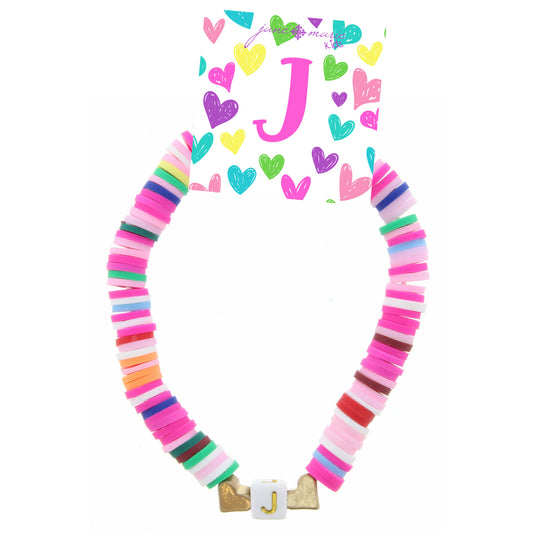 Kids Multi Rubber Disk Beaded Stretch with White Block "J" Initial Bracelet