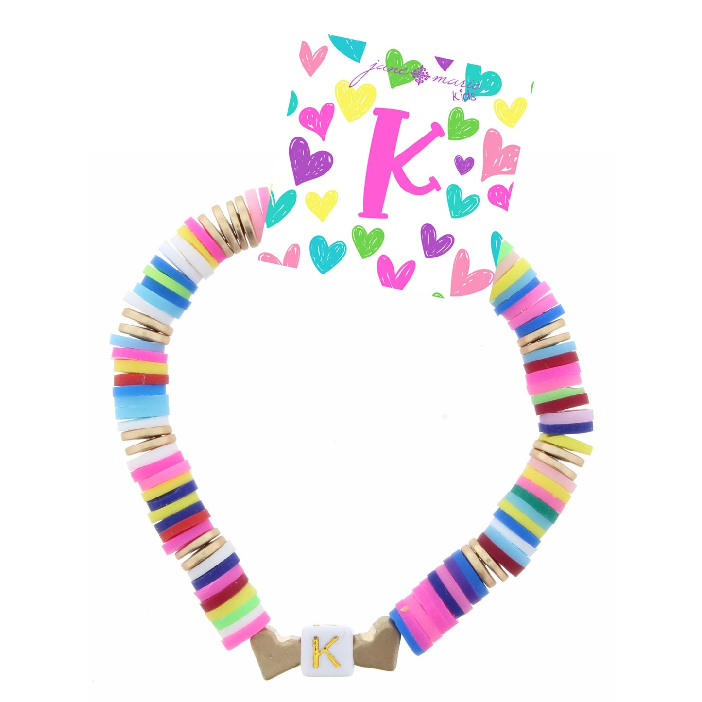 Kids Multi Rubber Disk Beaded Stretch with White Block "K" Initial Bracelet
