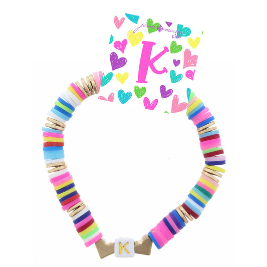 Kids Multi Rubber Disk Beaded Stretch with White Block "K" Initial Bracelet