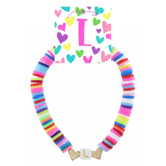 Kids Multi Rubber Disk Beaded Stretch with White Block "L" Initial Bracelet