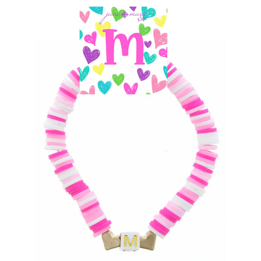 Kids Multi Rubber Disk Beaded Stretch with White Block "M" Initial Bracelet