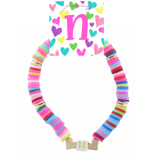 Kids Multi Rubber Disk Beaded Stretch with White Block "N" Initial Bracelet