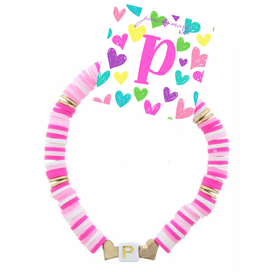 Kids Multi Rubber Disk Beaded Stretch with White Block "P" Initial Bracelet