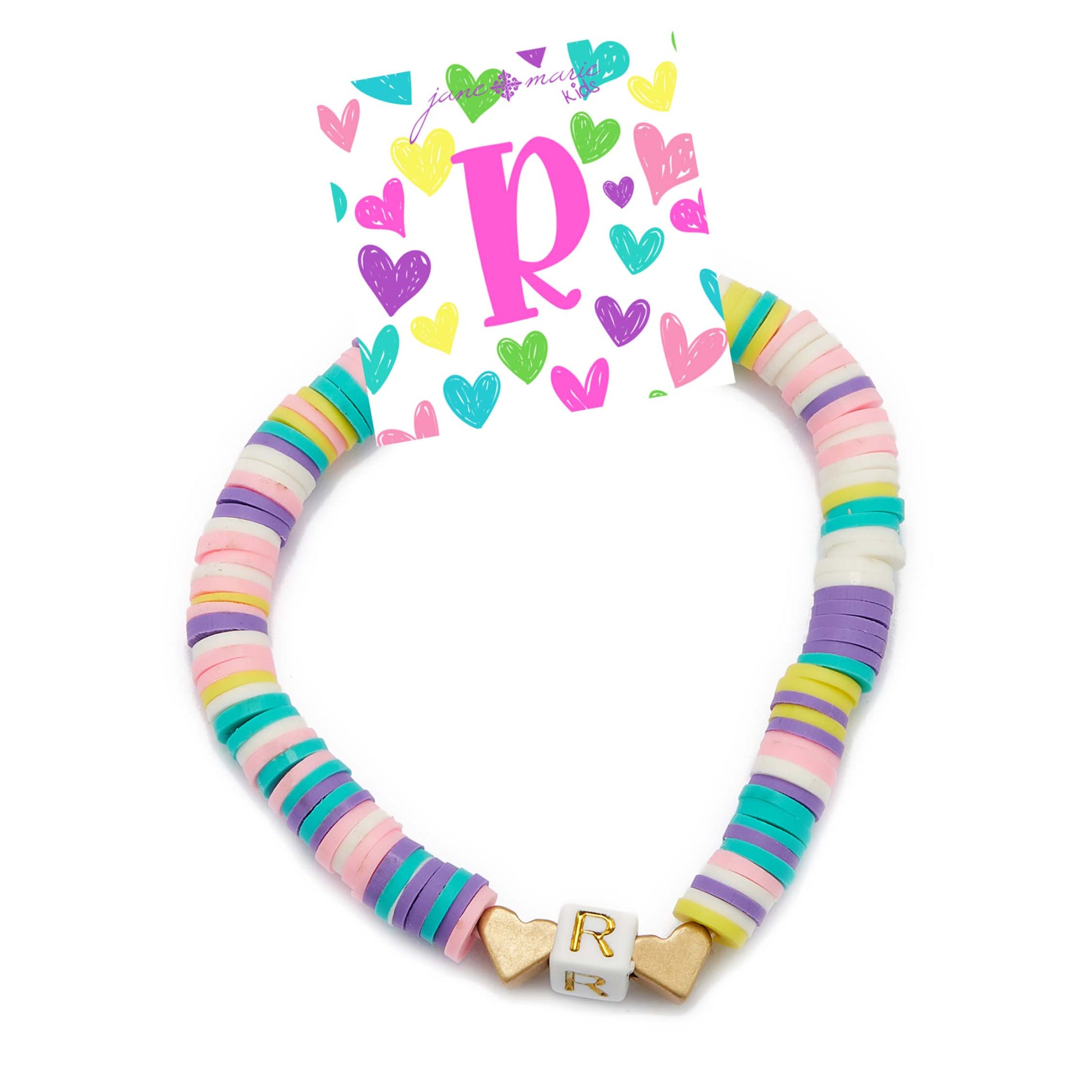 Kids Multi Rubber Disk Beaded Stretch with White Block "R" Initial Bracelet