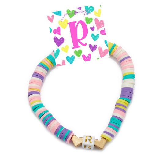 Kids Multi Rubber Disk Beaded Stretch with White Block "R" Initial Bracelet