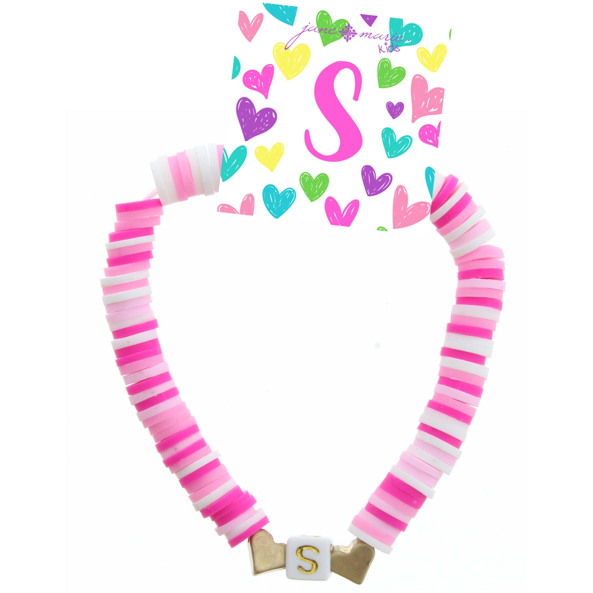 Kids Multi Rubber Disk Beaded Stretch with White Block "S" Initial Bracelet